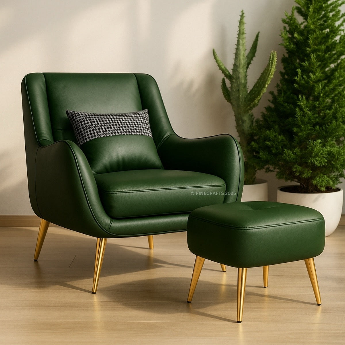 Green leather armchair with ottoman on a wooden floor with plants in the background