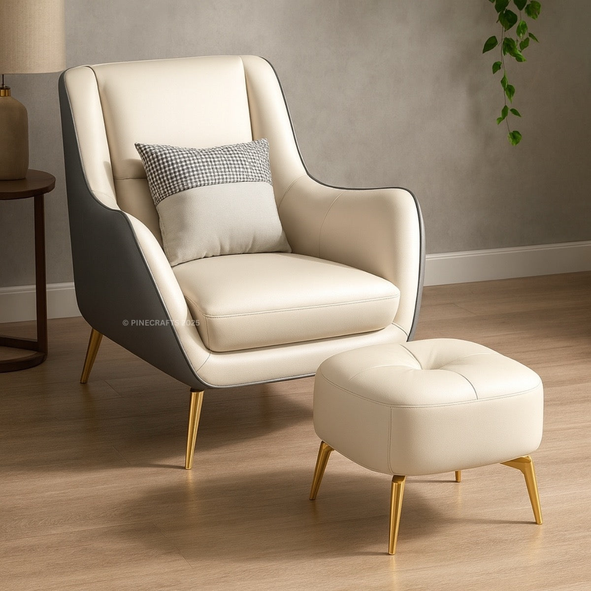 Modern armchair with ottoman and plaid pillow on a wooden floor.