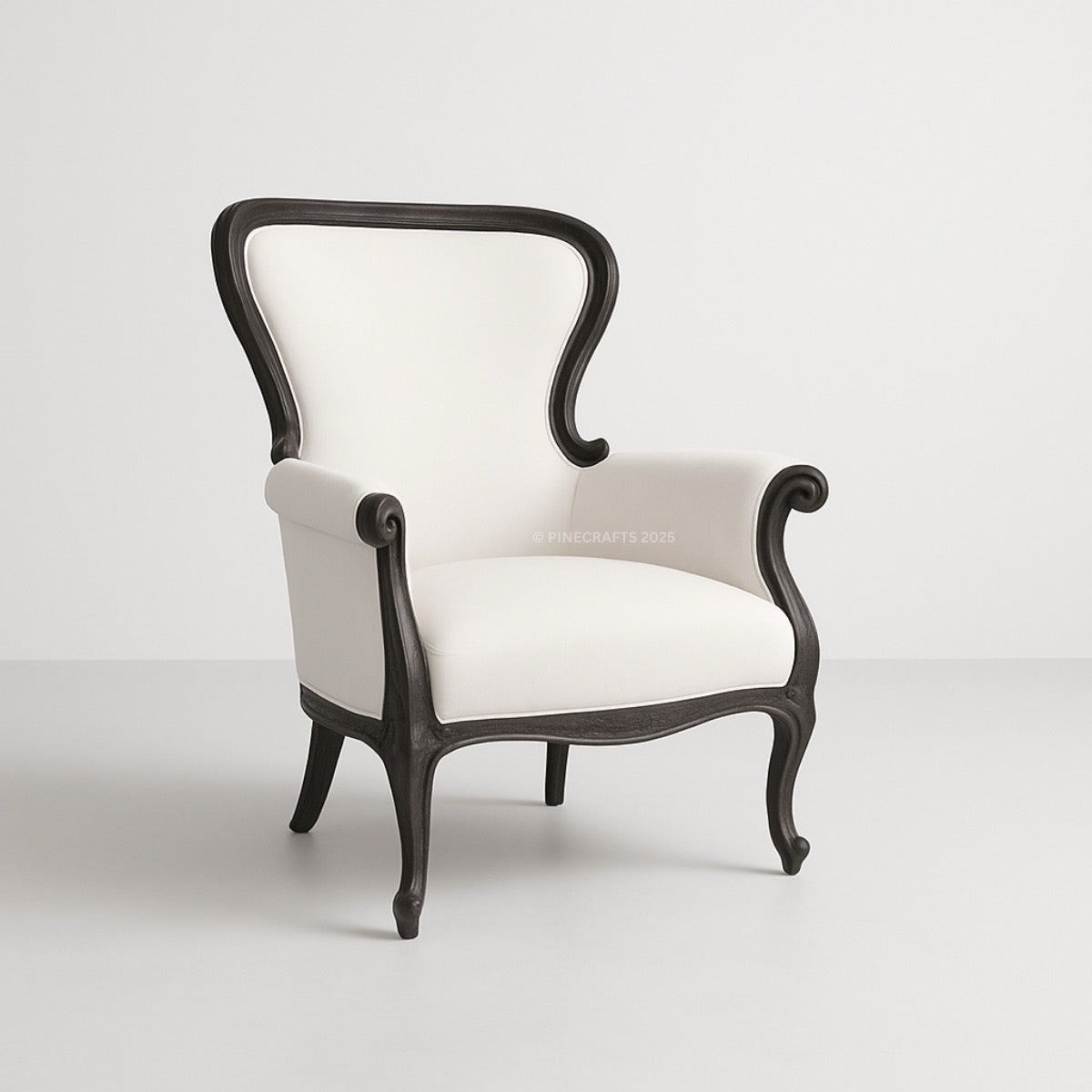 White armchair with black wooden frame on a white background
