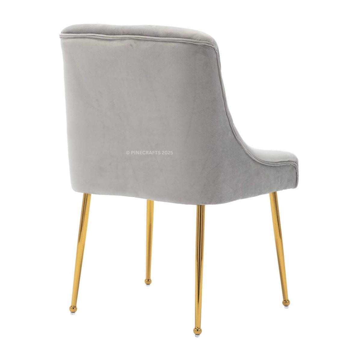 Gray velvet chair with gold legs on a white background