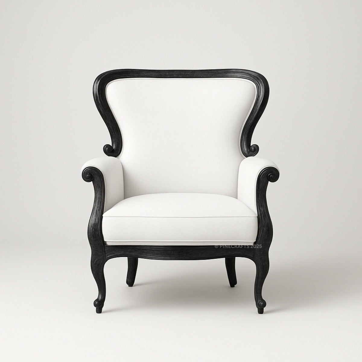 White armchair with black wooden frame on a white background