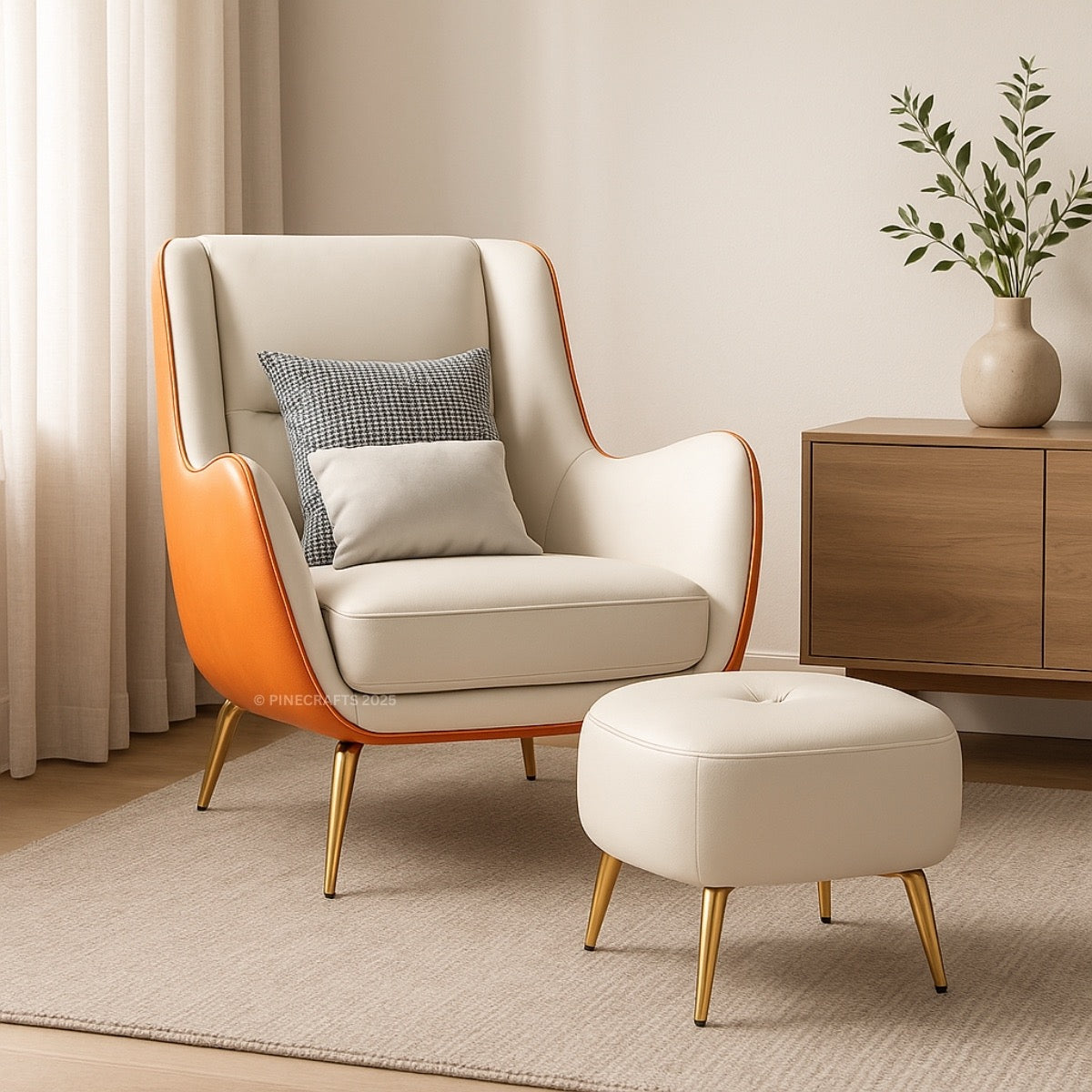 Modern armchair with orange accents and matching ottoman in a living room setting.