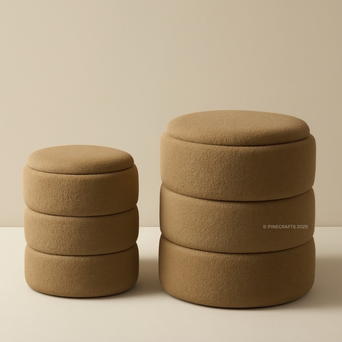 Two brown ottomans stacked on a beige background