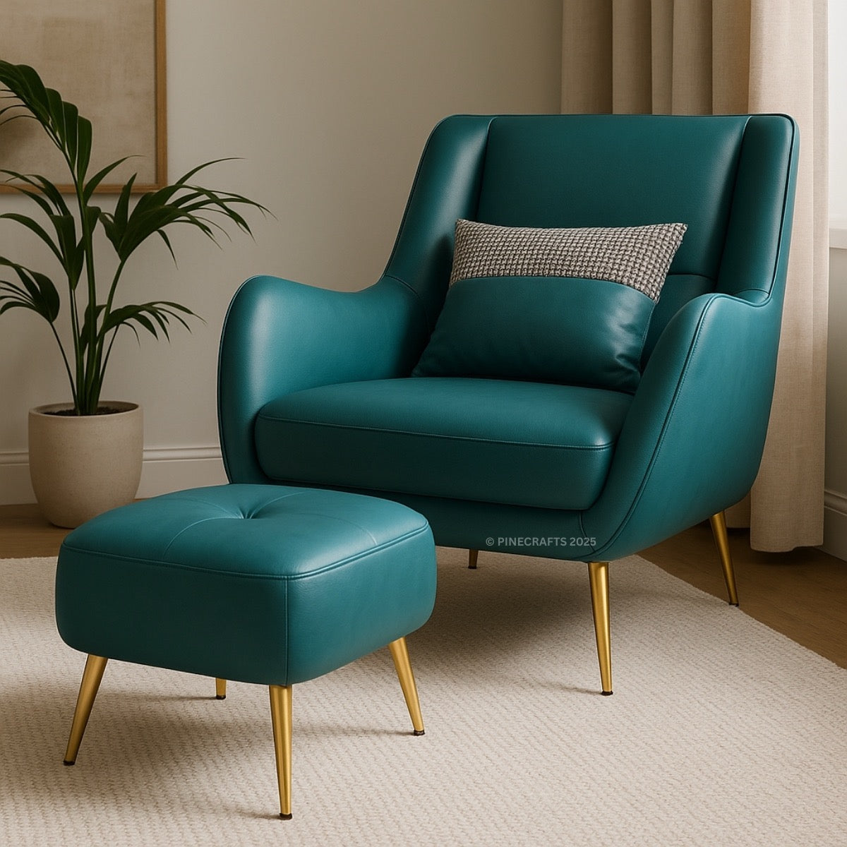 Teal armchair with gold legs and matching ottoman in a room setting.
