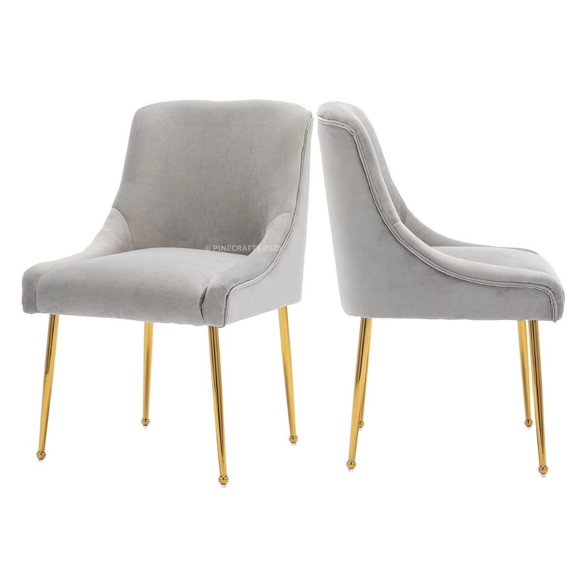 Two gray velvet chairs with gold legs on a white background