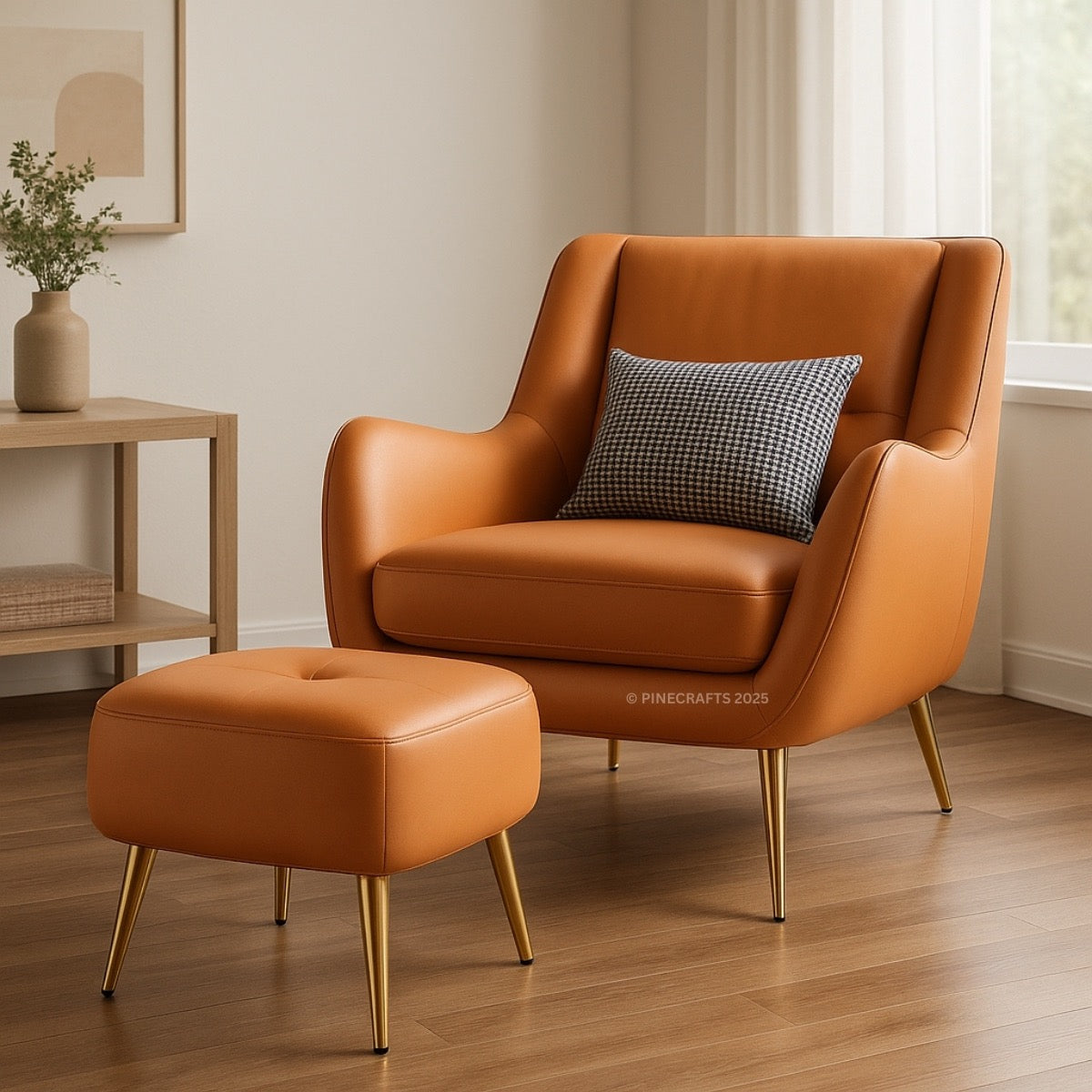 Brown leather armchair with matching ottoman in a room with a side table and plant.