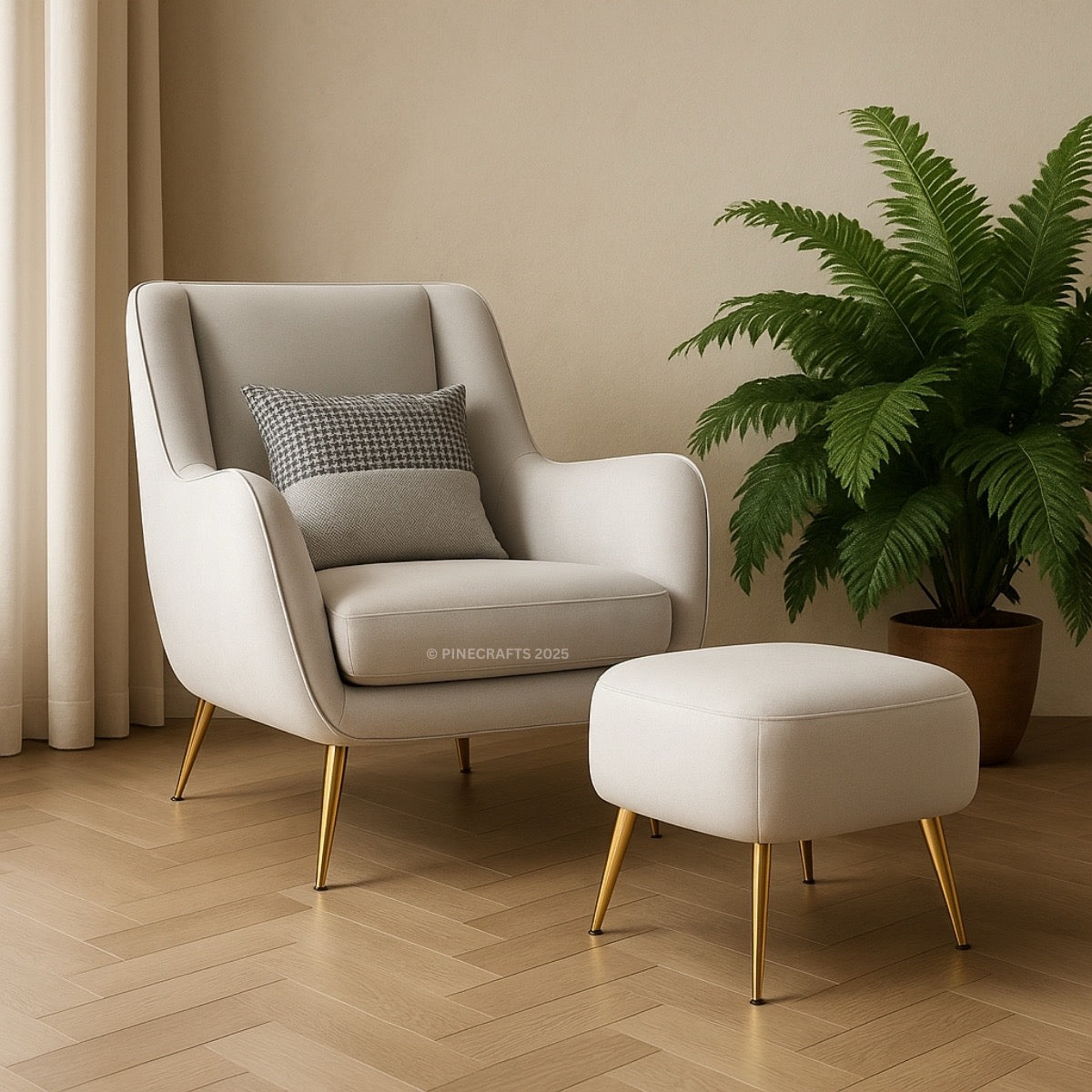 Beige armchair with a matching ottoman and a plant in a room with beige walls and wooden floor.