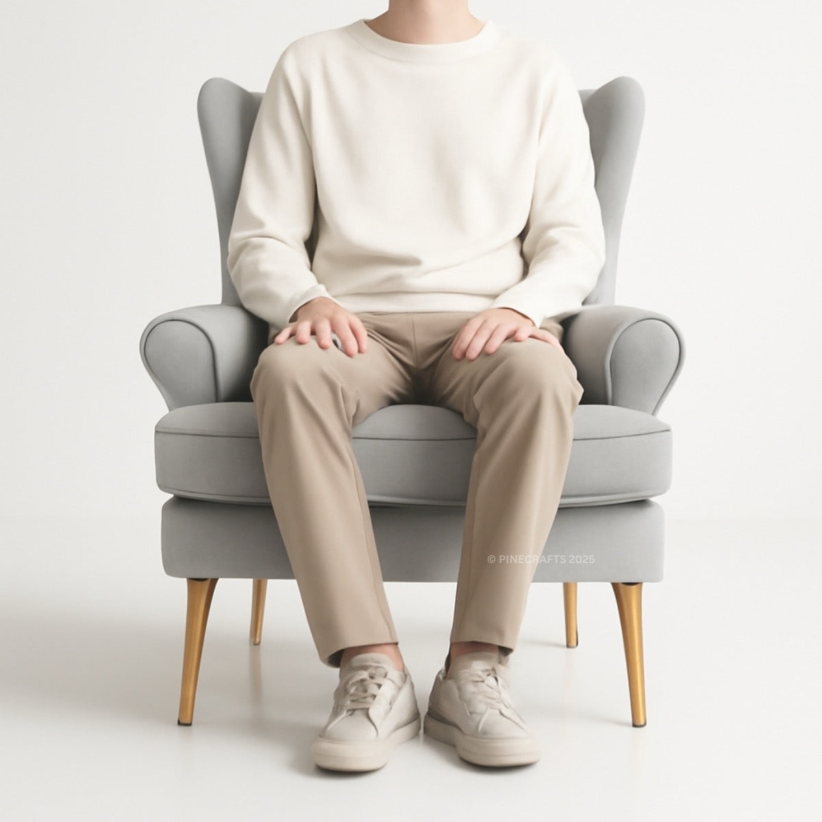Person sitting on a gray armchair wearing a white sweater, beige pants, and white sneakers.
