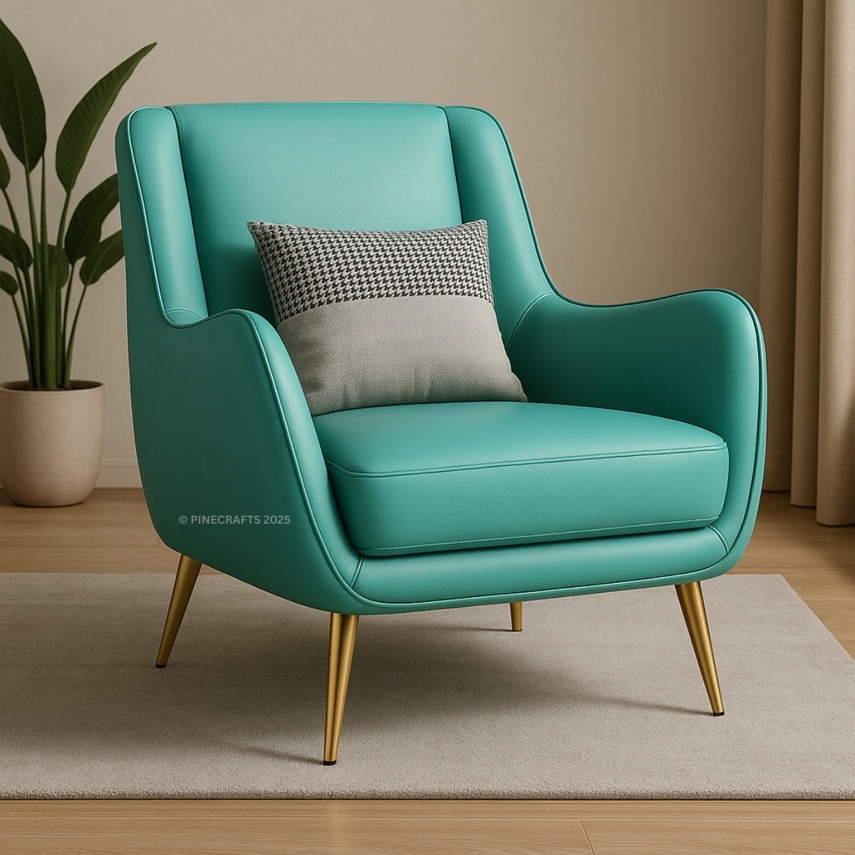 Turquoise armchair with gold legs and gray cushions on a beige rug.