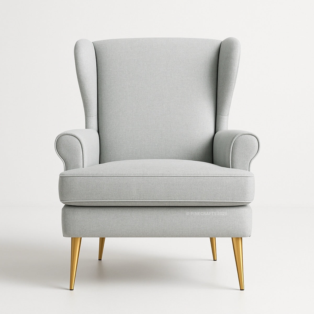 Gray wingback chair with gold legs on a white background