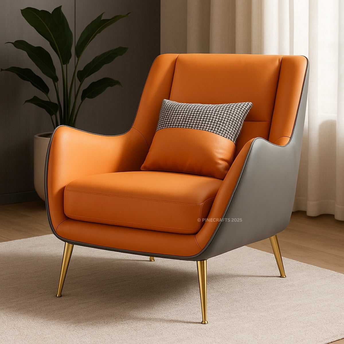 Orange armchair with gray cushion and gold legs in a room setting