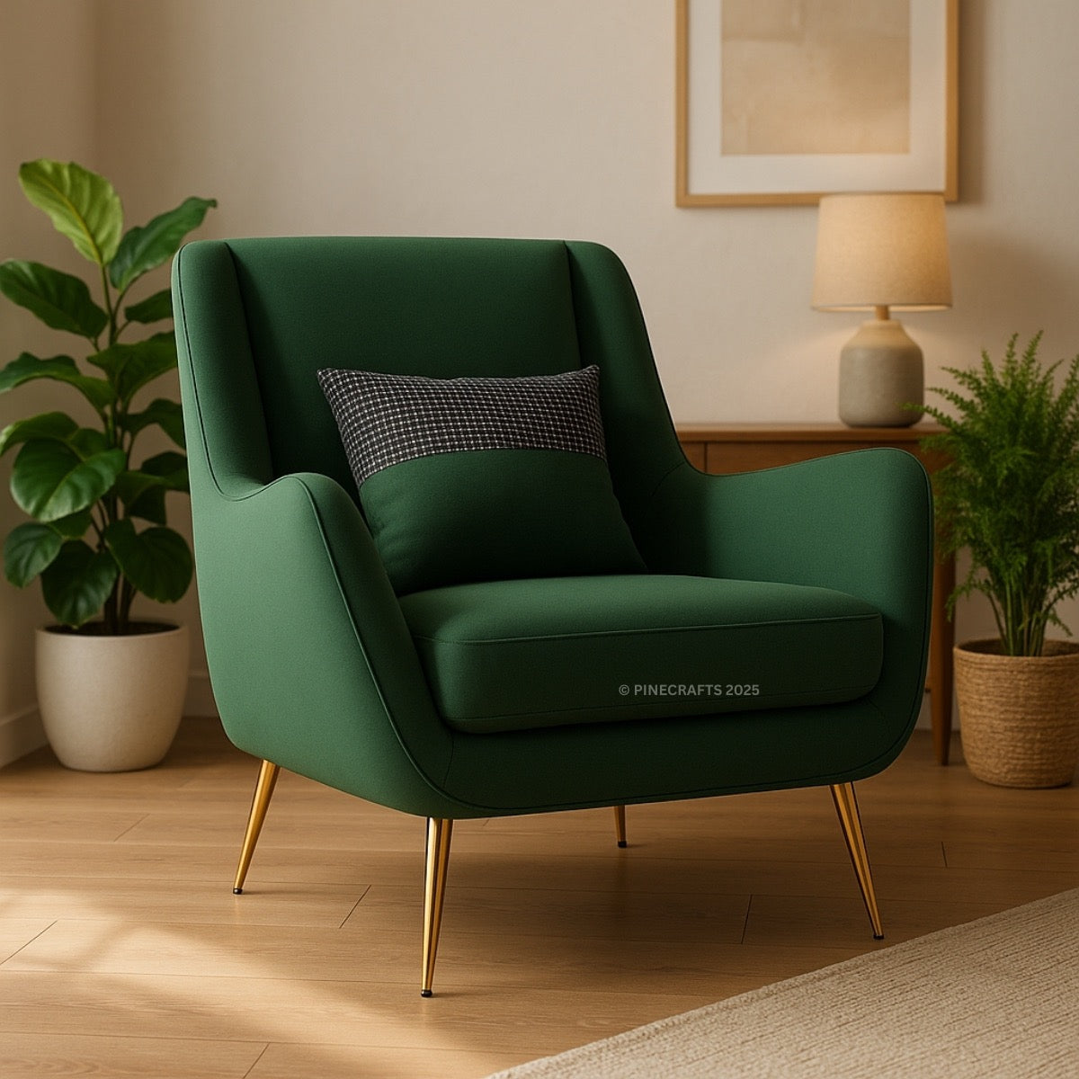 Green armchair with gold legs in a room with plants and a lamp.