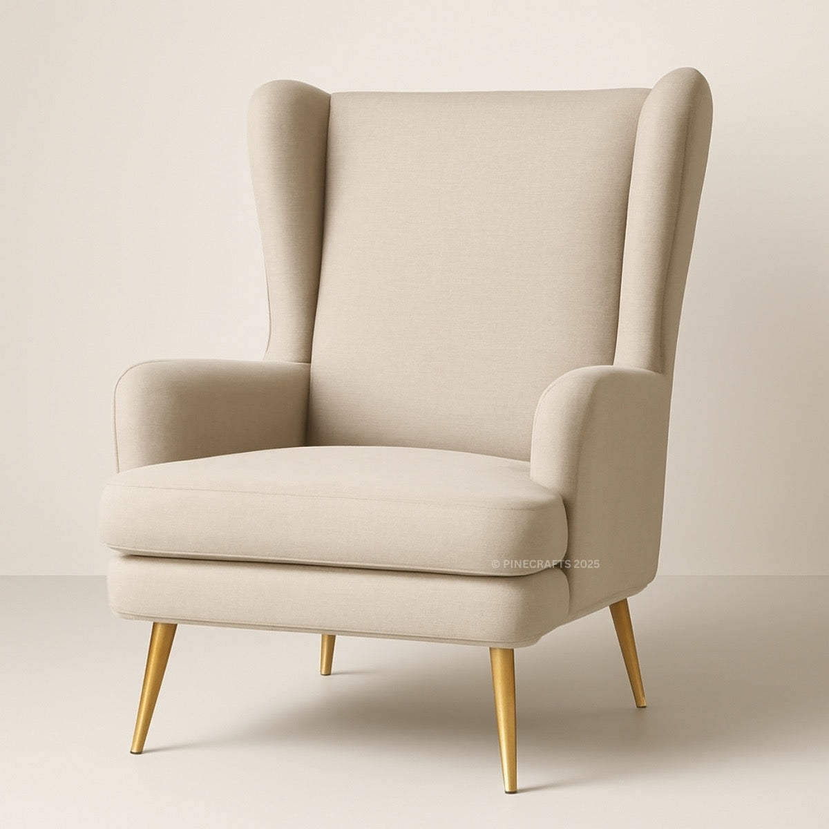 Beige armchair with gold legs on a beige background