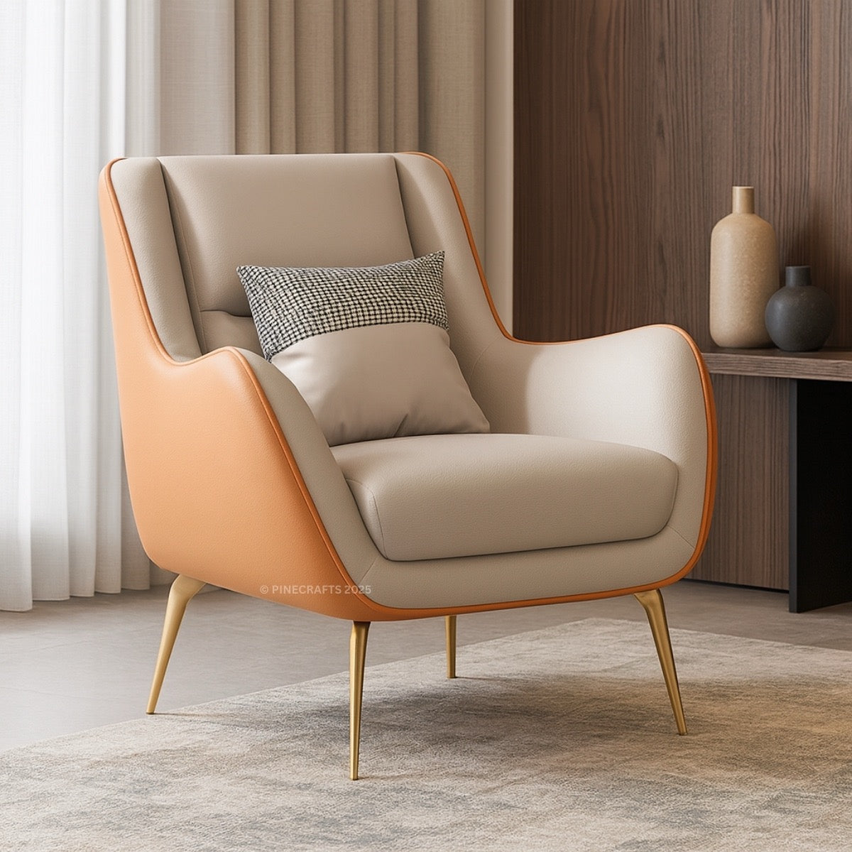 Modern armchair with orange and beige design in a room setting