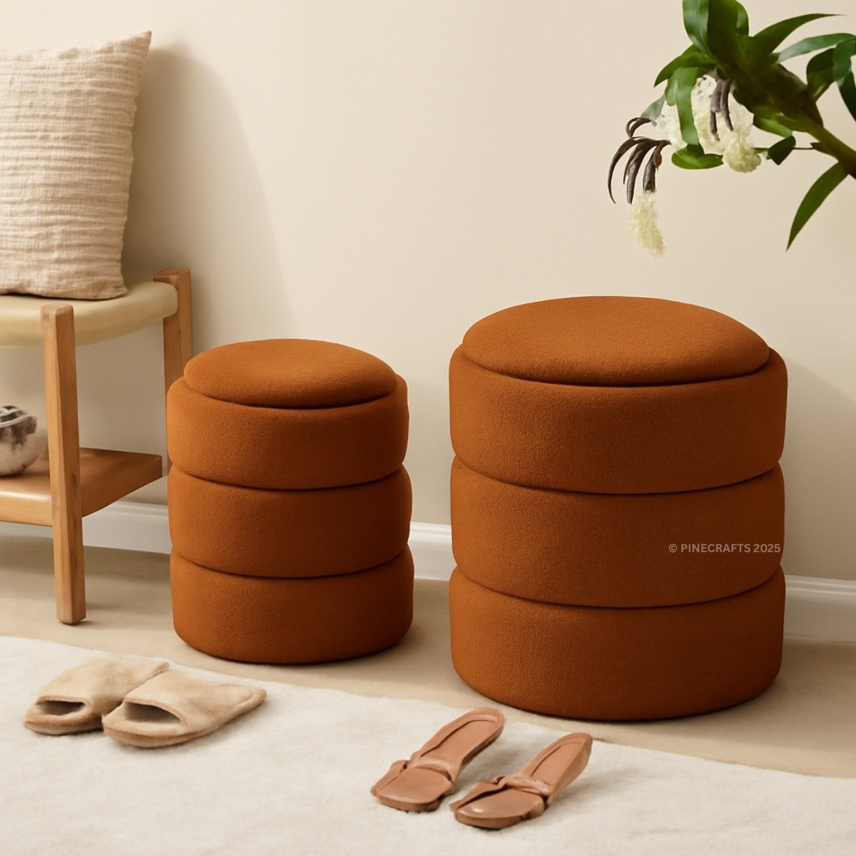 Two brown ottomans in a room with a plant and slippers on the floor.