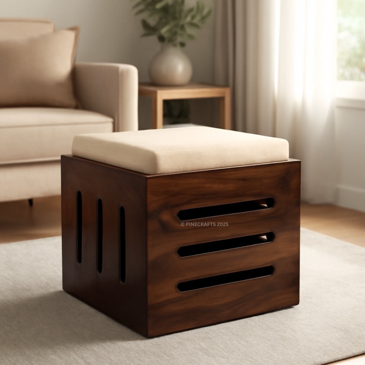 Wooden ottoman with a cushion in a living room setting