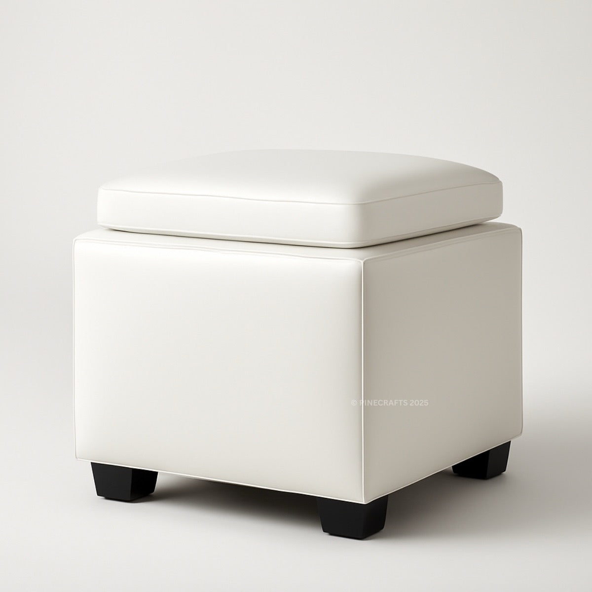 White storage ottoman with a lid on a light gray background