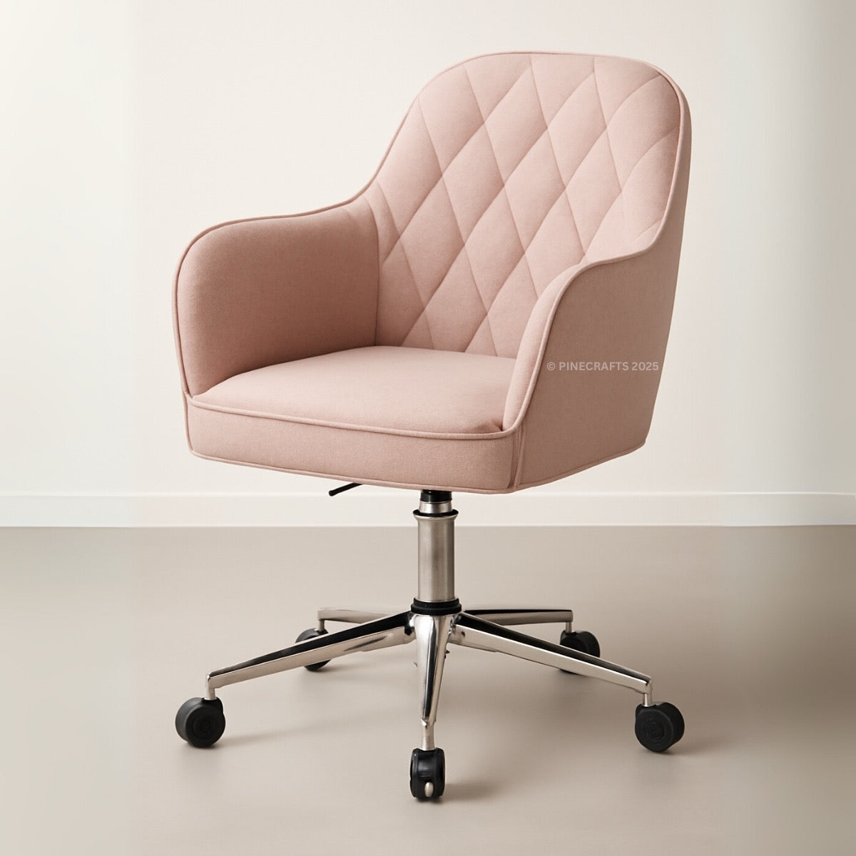 Pink office chair with quilted design on a white background