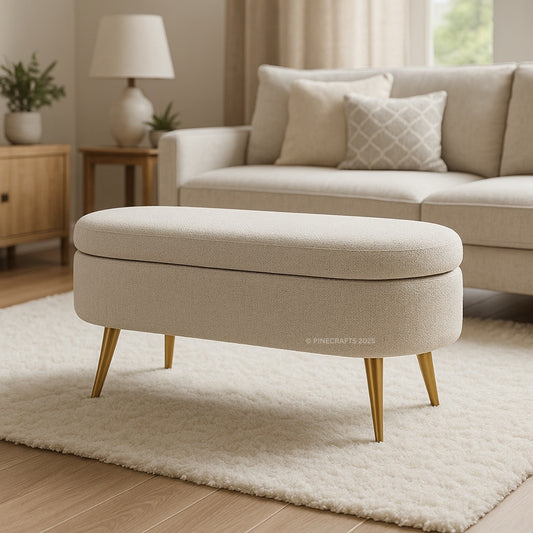 Beige ottoman with storage in a living room setting