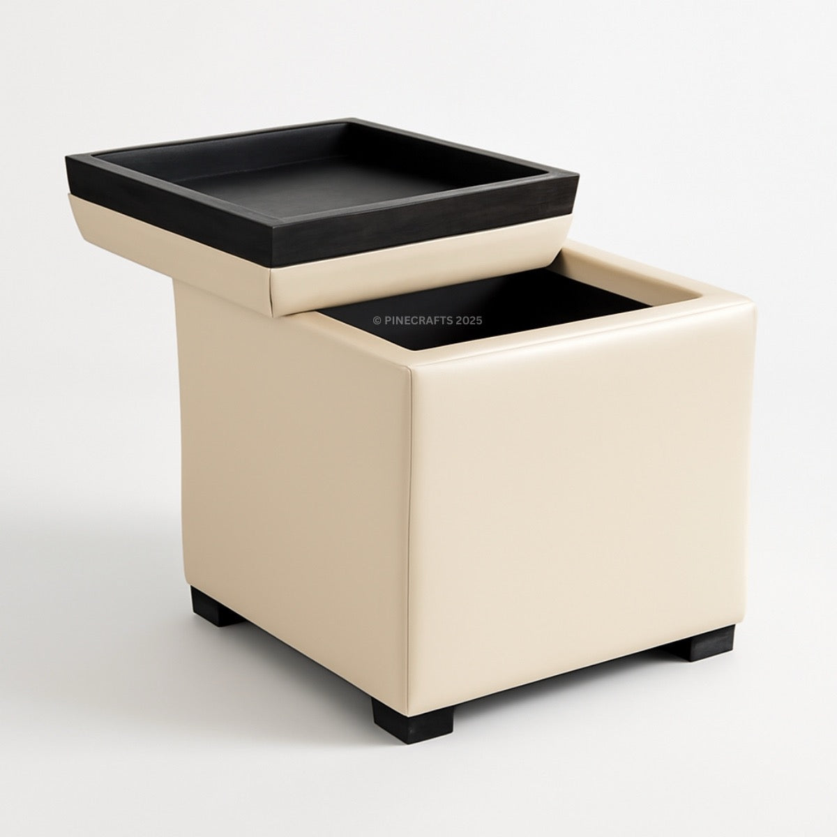 Beige ottoman with black top on a white background