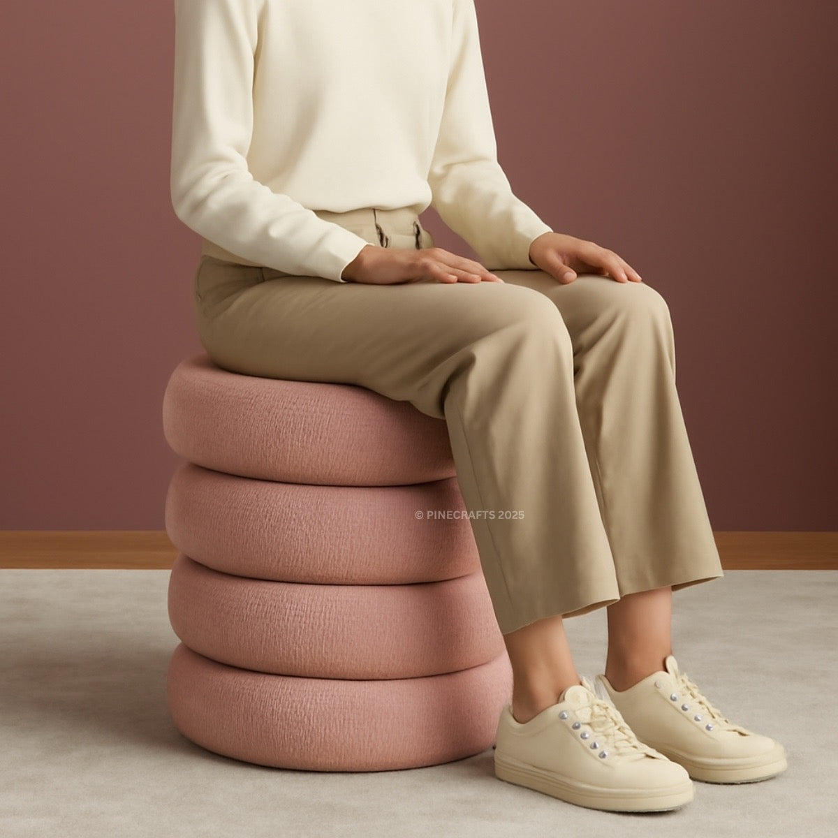 Person sitting on a stack of pink textured stools against a plain background