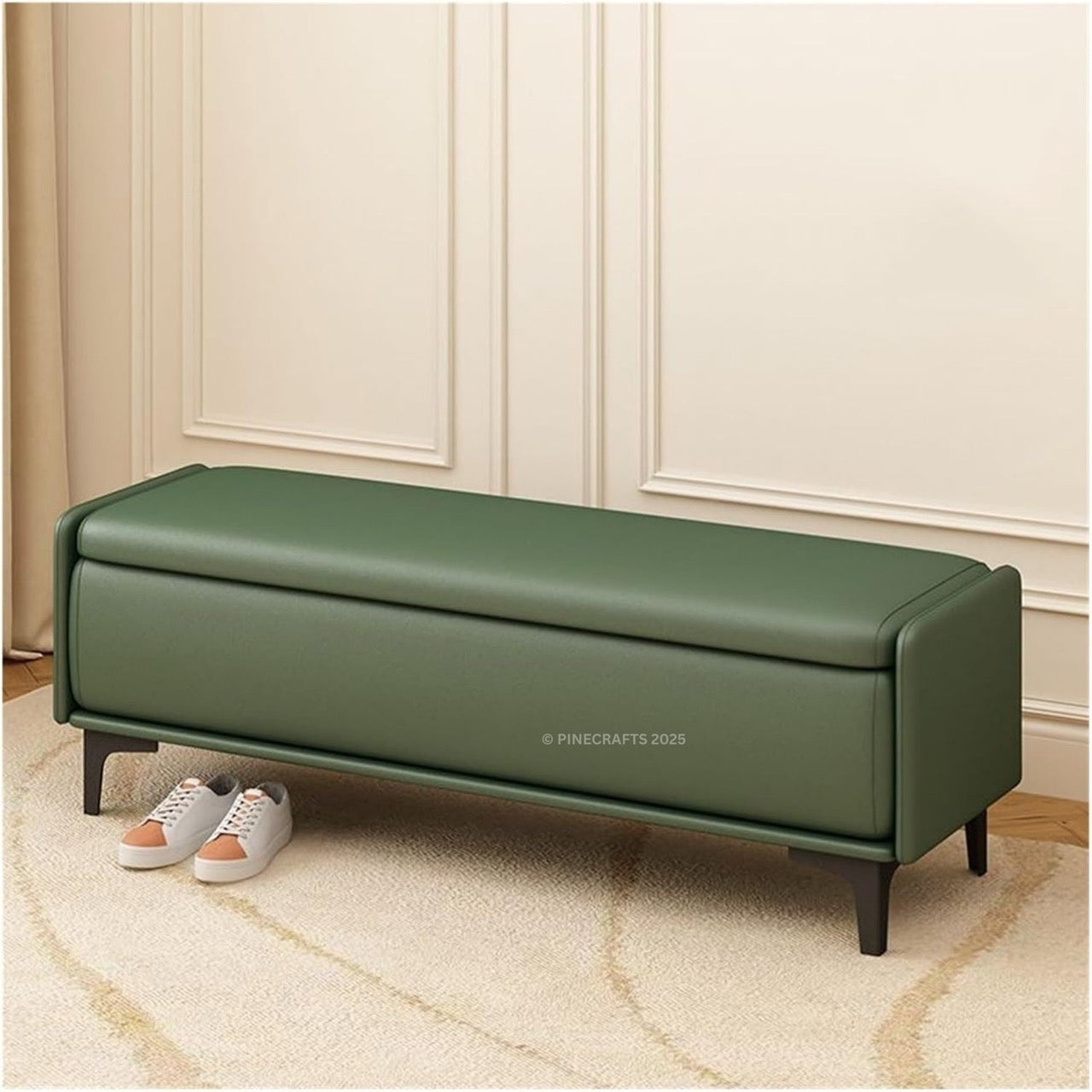 Green storage bench in a room with beige walls and carpet.