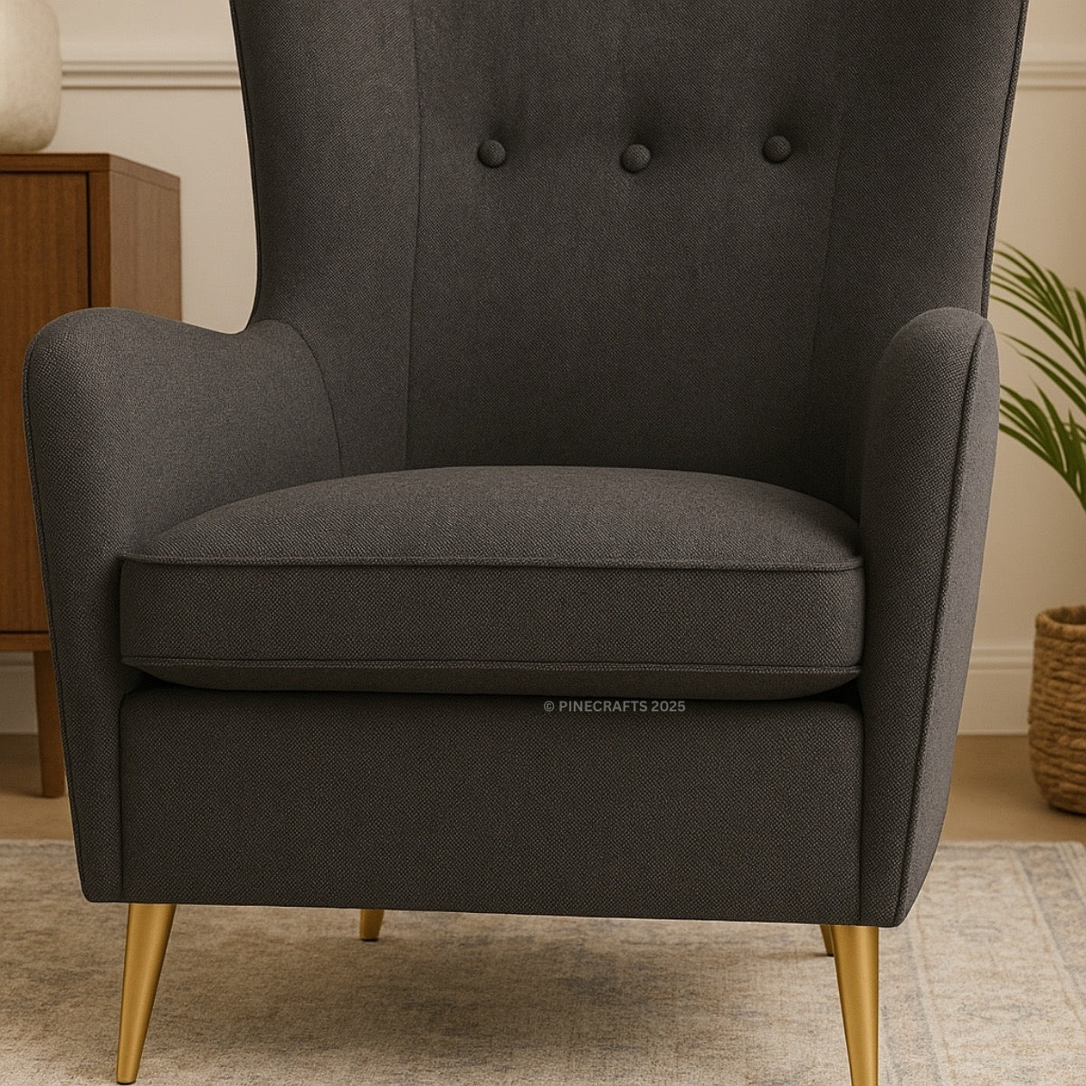 Gray armchair with tufted backrest in a room setting