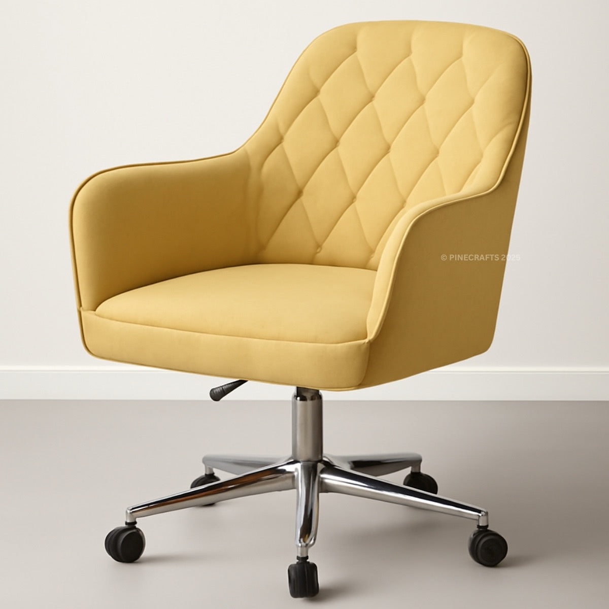 Yellow office chair with quilted design on a white background