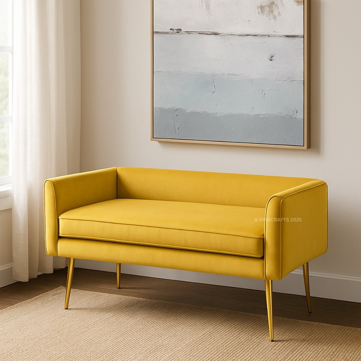 Yellow sofa in a room with a painting on the wall