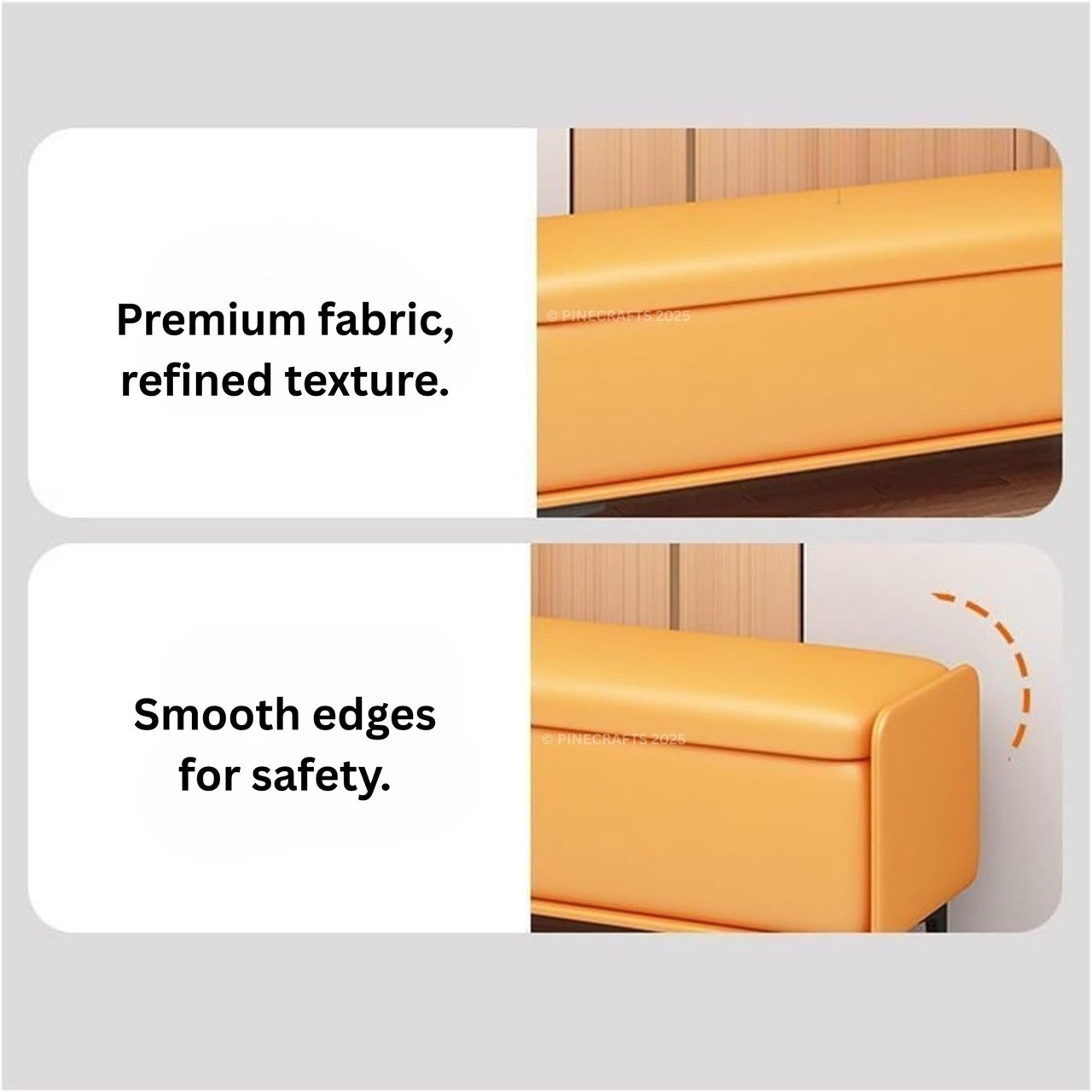 Orange safety gate with text highlighting premium fabric and smooth edges on a gray background.