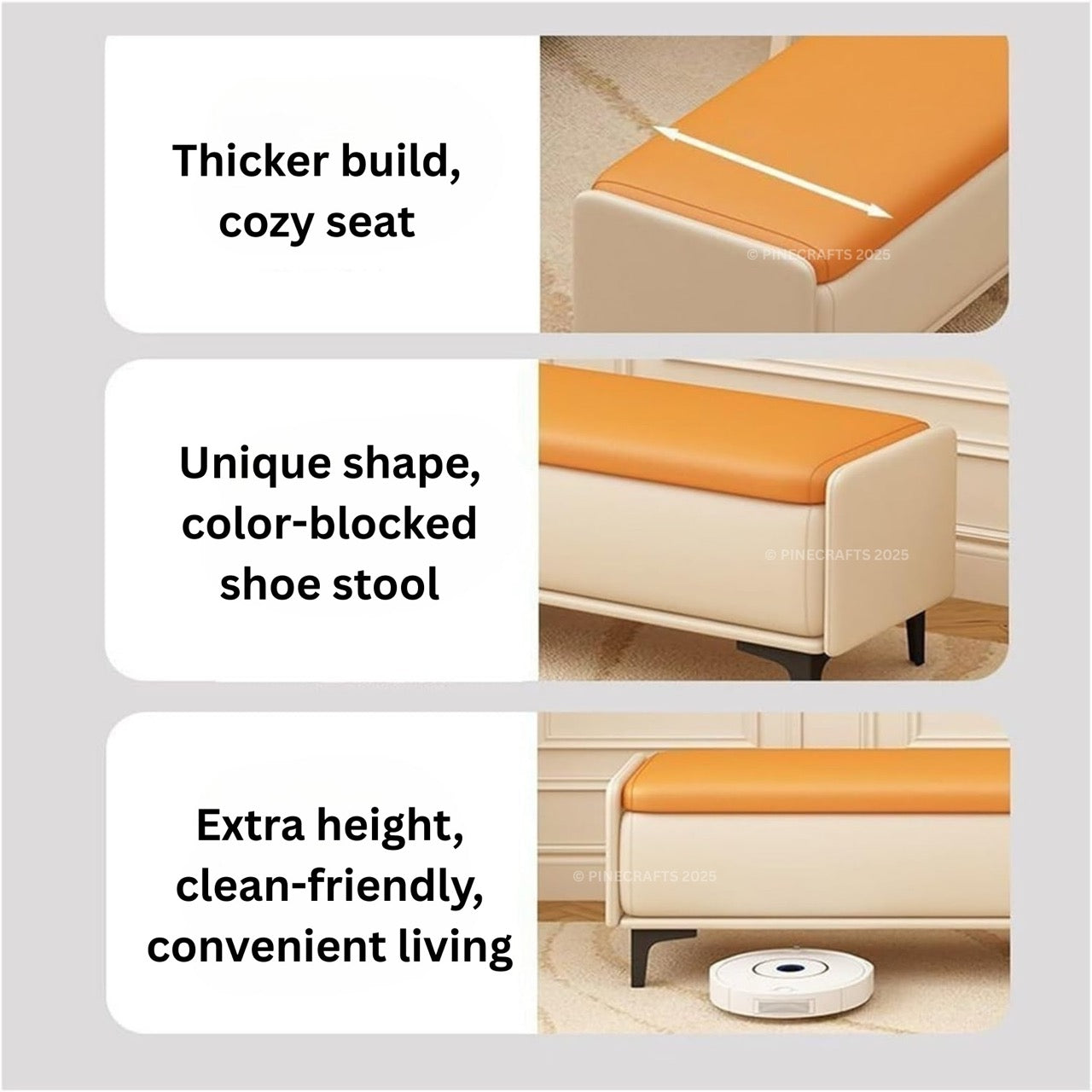 Orange and beige shoe stool with text highlighting features on a gray background