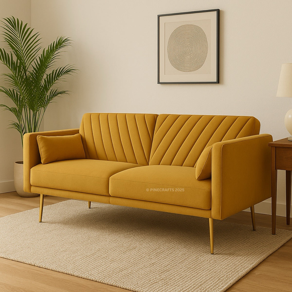 Yellow sofa in a living room setting with a plant and side table.