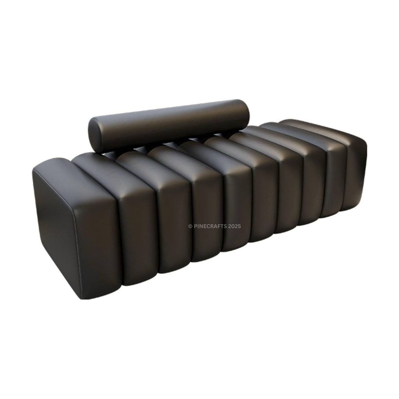 Brown leather bench with cylindrical backrest on a white background