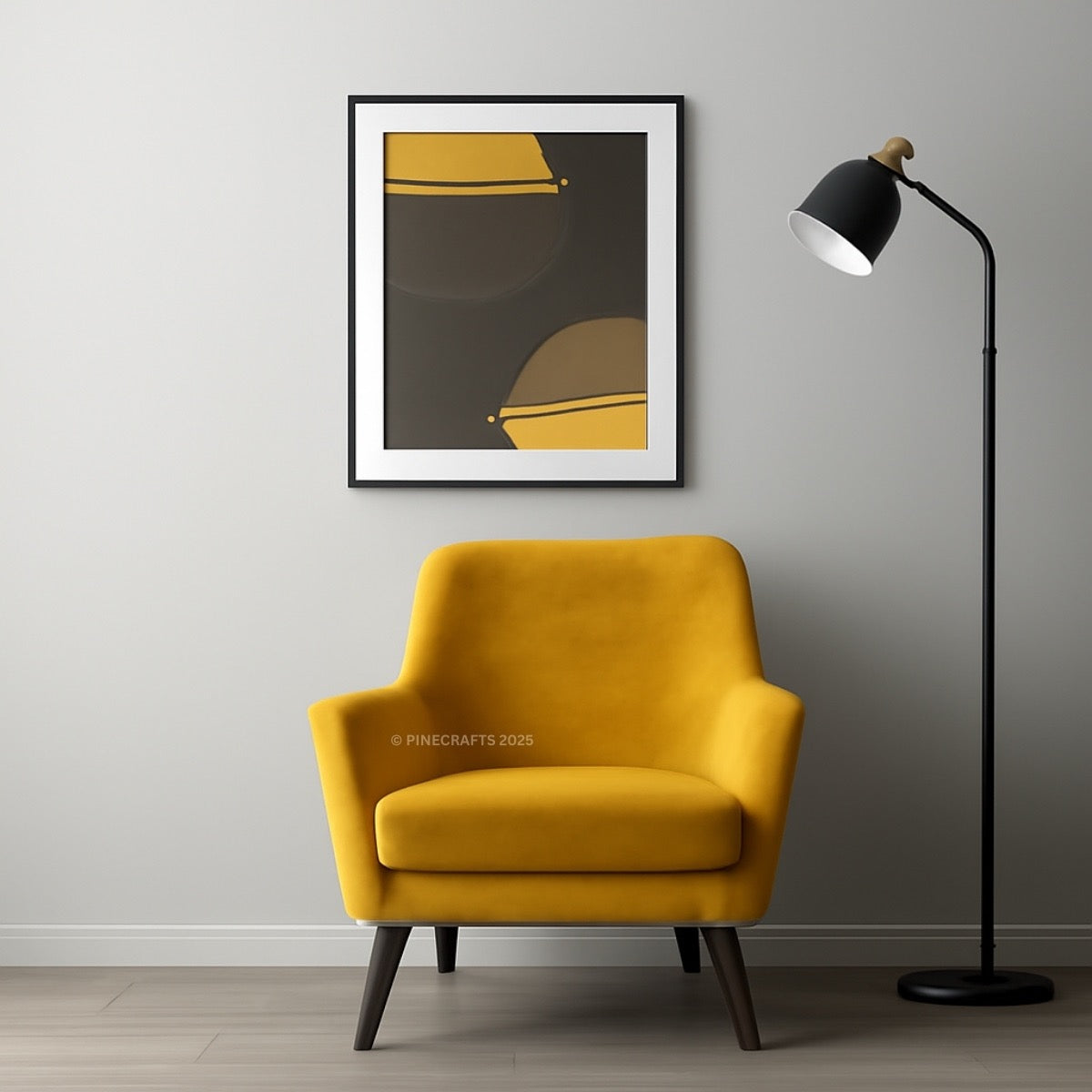 Yellow armchair in a room with a framed abstract art piece and a black floor lamp.
