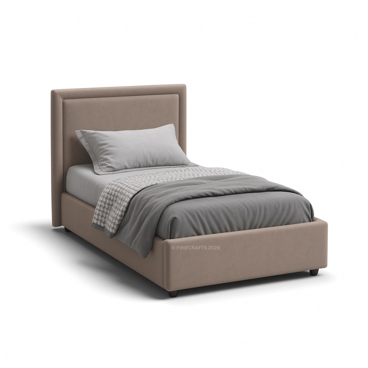 Beige upholstered bed with gray bedding on a white background