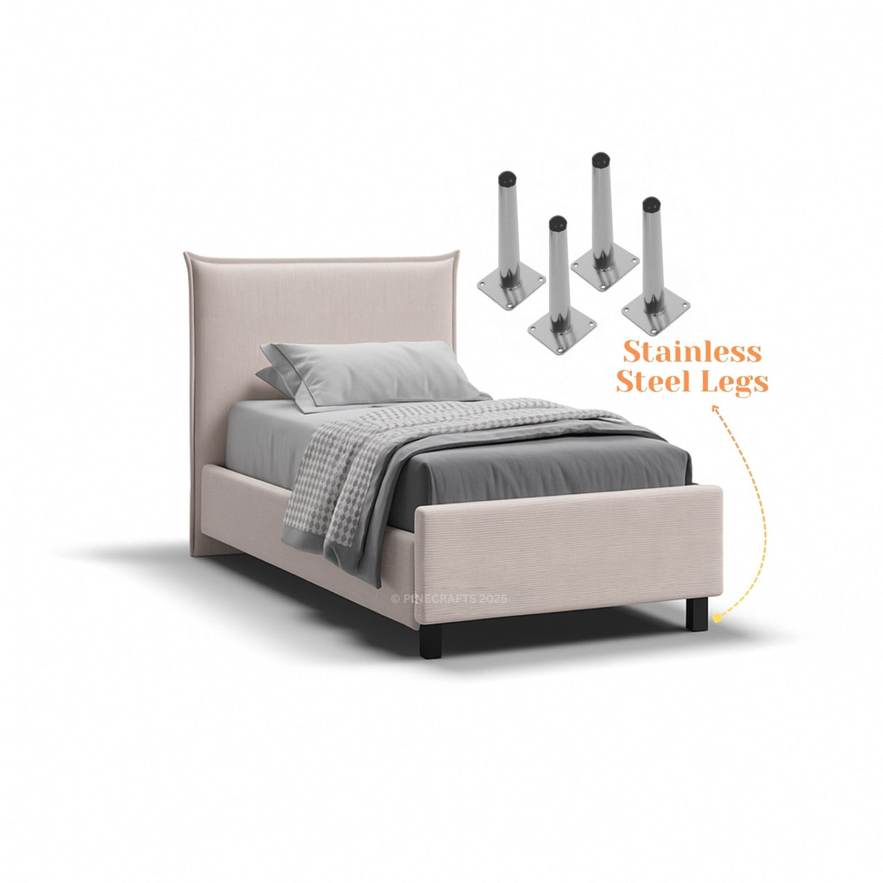 Beige upholstered bed with stainless steel legs on a white background