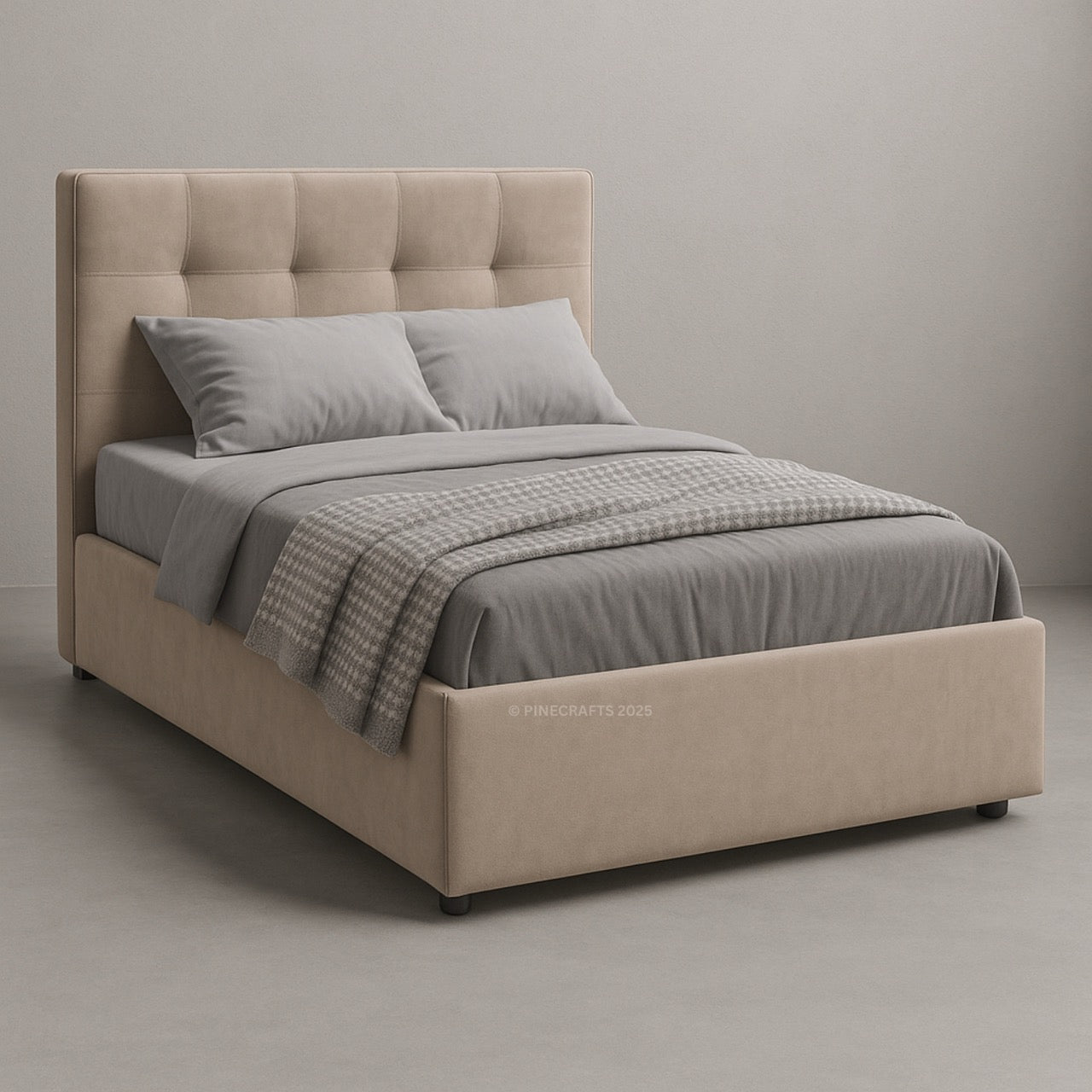 Beige upholstered bed with gray bedding in a minimalistic room.
