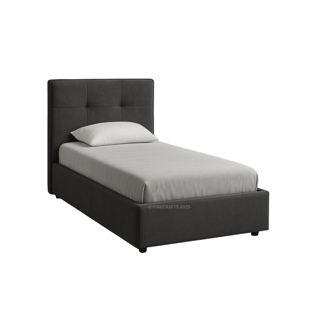 Black upholstered bed with gray mattress and white pillow on a white background