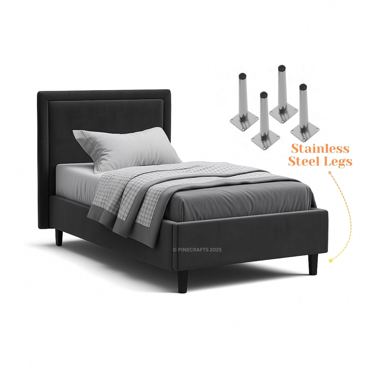 Black bed frame with gray bedding and stainless steel legs on a white background