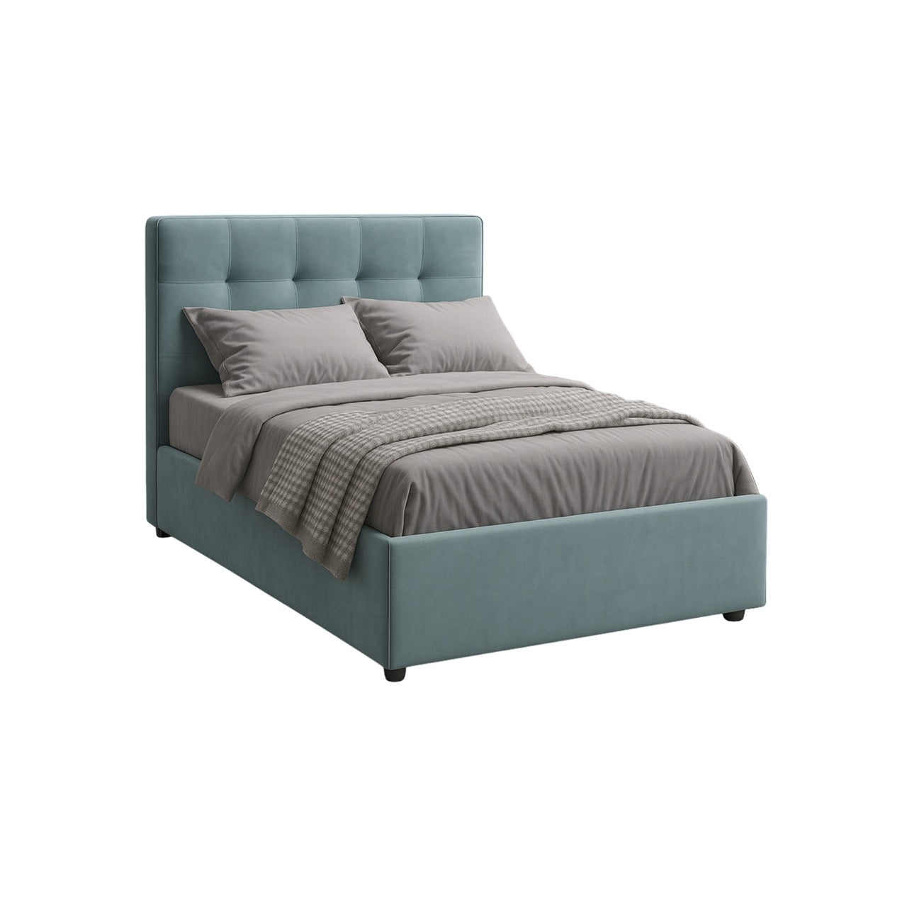 Teal bed with gray bedding on a white background