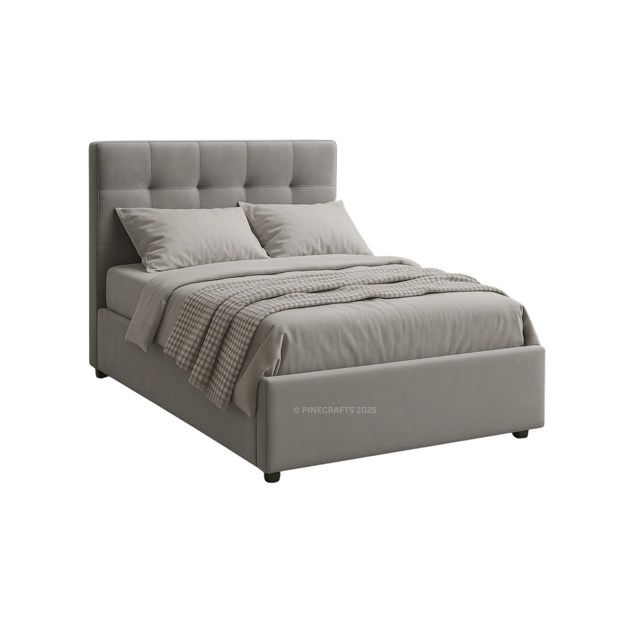 Gray upholstered bed with matching bedding on a white background