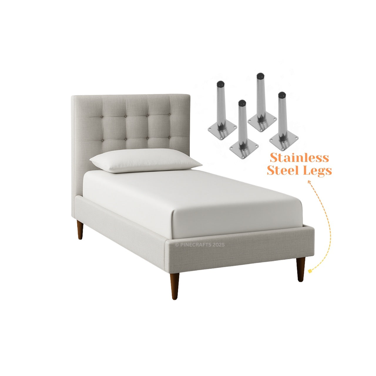 Gray upholstered bed with stainless steel legs on a white background