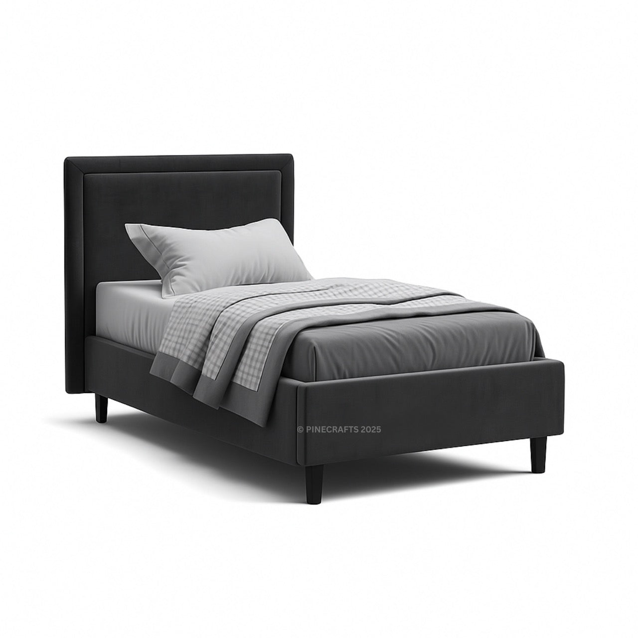 Black bed frame with gray bedding on a white background