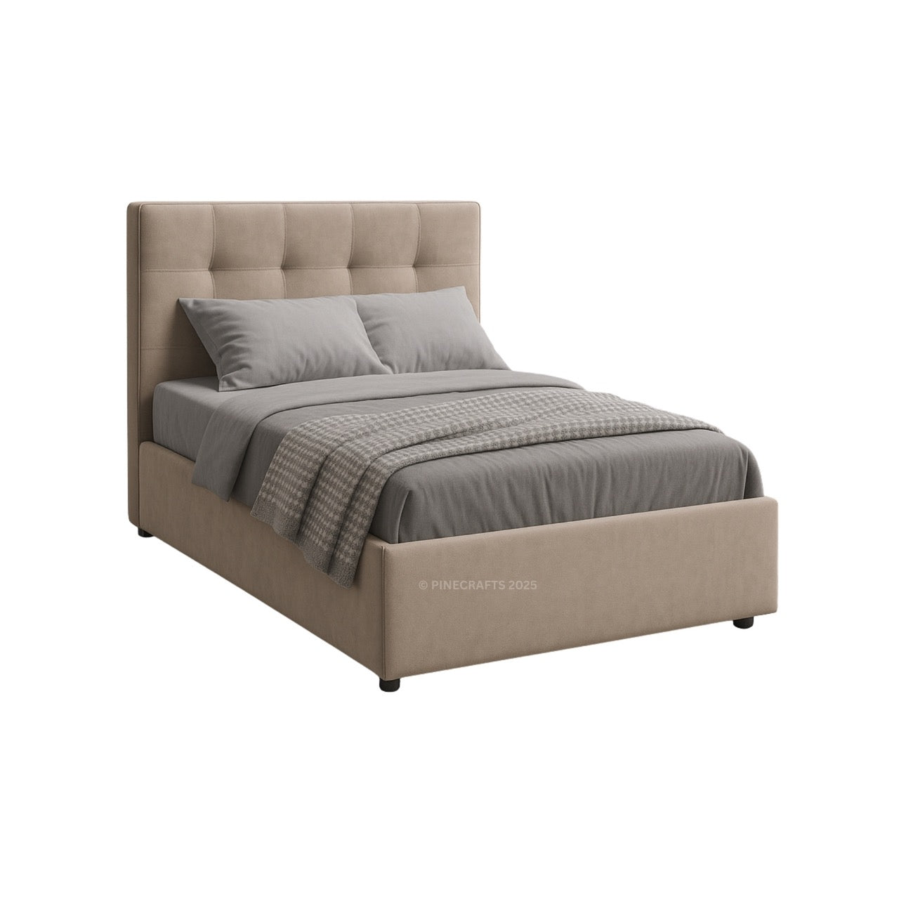 Beige upholstered bed with gray bedding on a white background