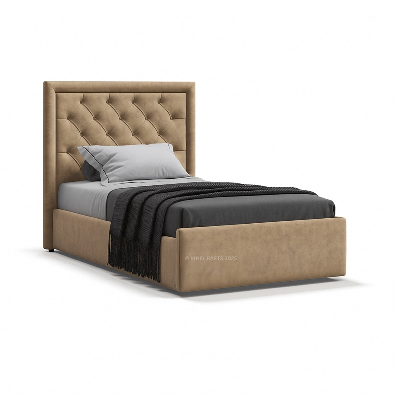 Beige upholstered bed with gray bedding on a white background