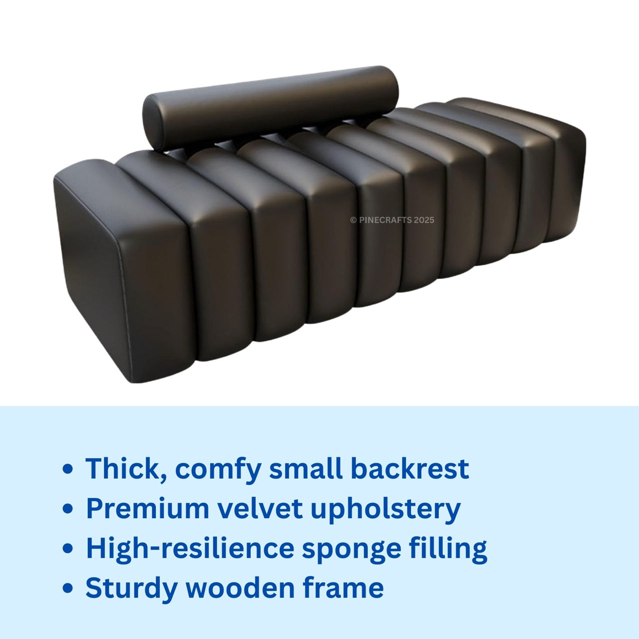 Brown upholstered bench with text highlighting features on a white background