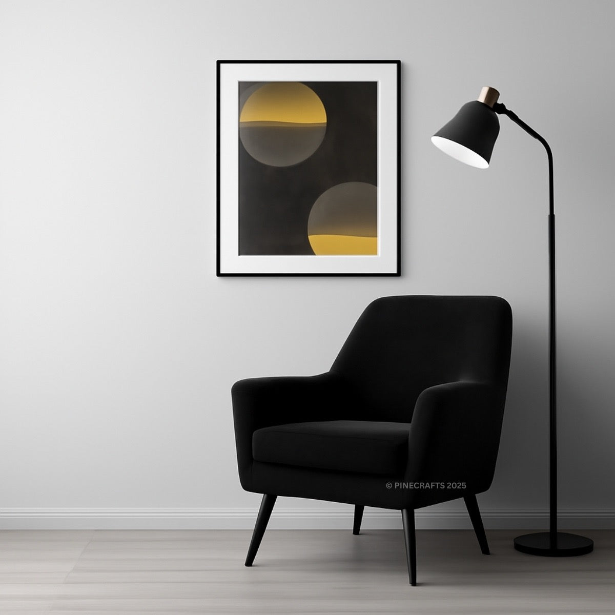 Modern black armchair with a floor lamp and abstract art on a gray wall