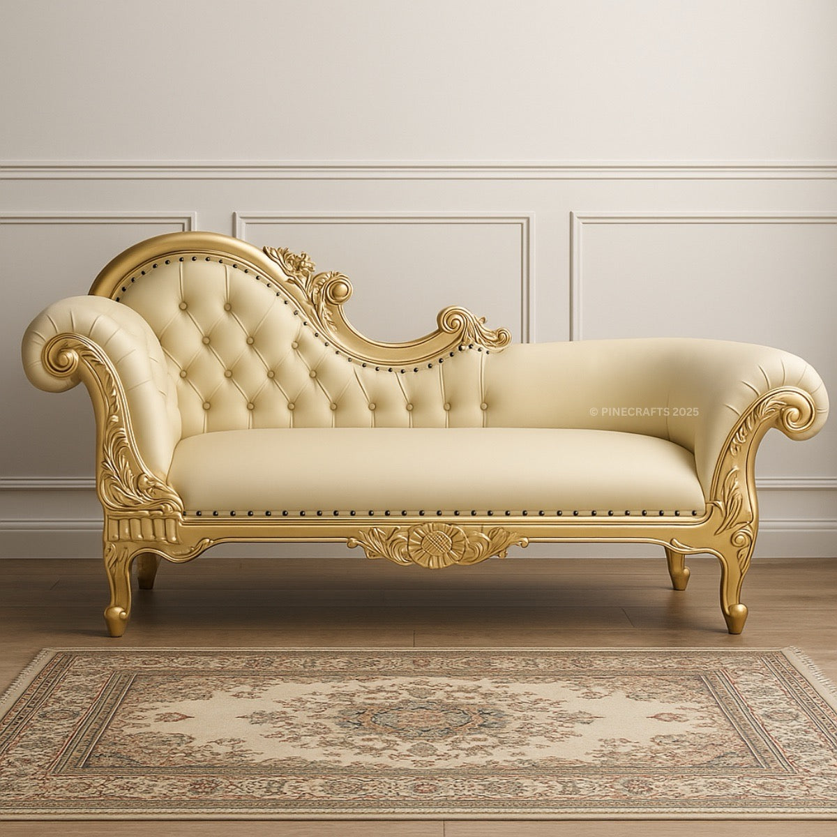 Decorative chaise lounge with gold accents in a room with patterned rug and wall.