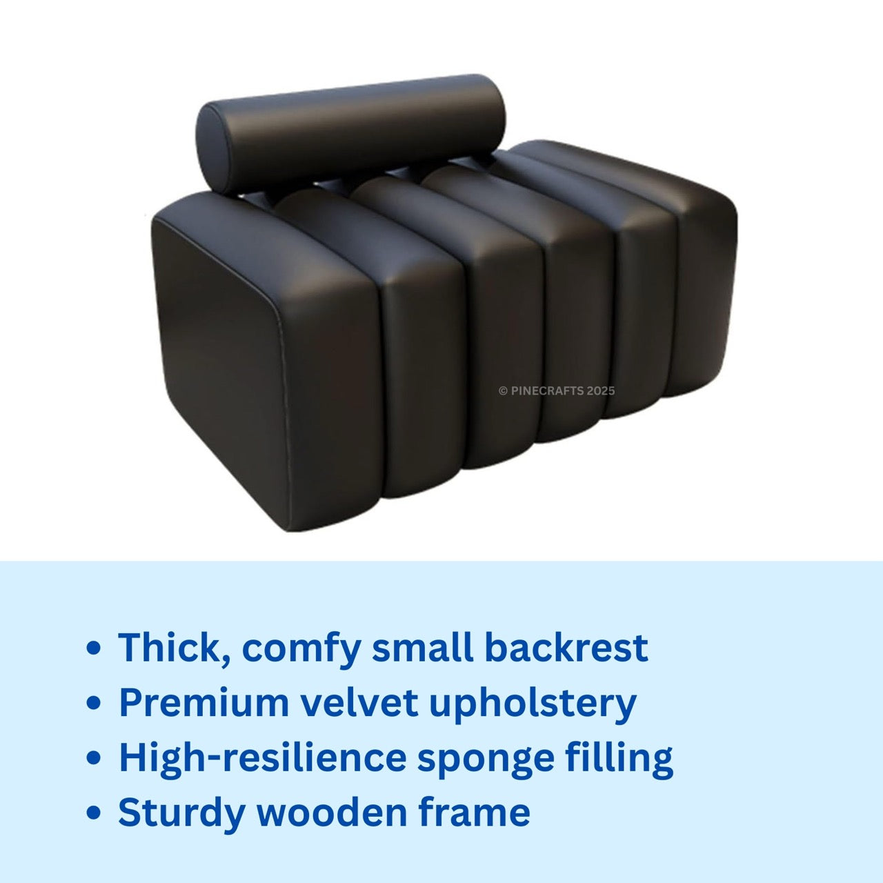 Black massage cushion with text highlighting features on a white background