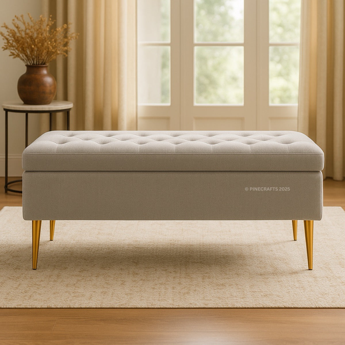 Beige tufted bench with gold legs in a room with a window and plant.